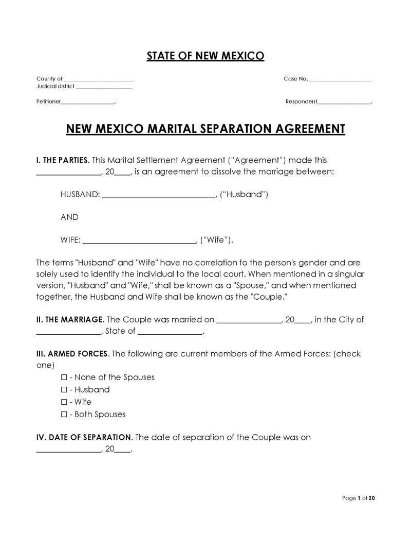 New Mexico Divorce Settlement Agreement