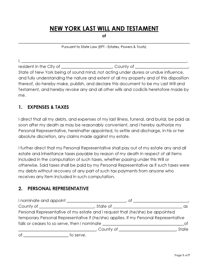 Printable New York Last Will and Testament Template for Word File