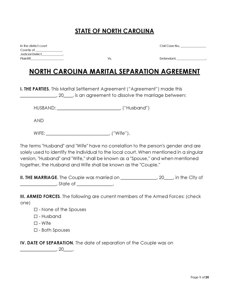 North Carolina Divorce Settlement Agreement