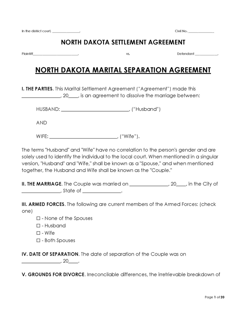 North Dakota Divorce Settlement Agreement