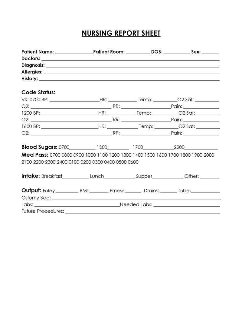 Free Customizable Nursing Report Sheet Template 01 for Word Document