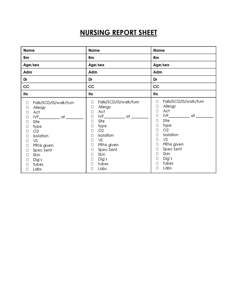Great Professional Nursing Report Sheet Template 11 for Word Document