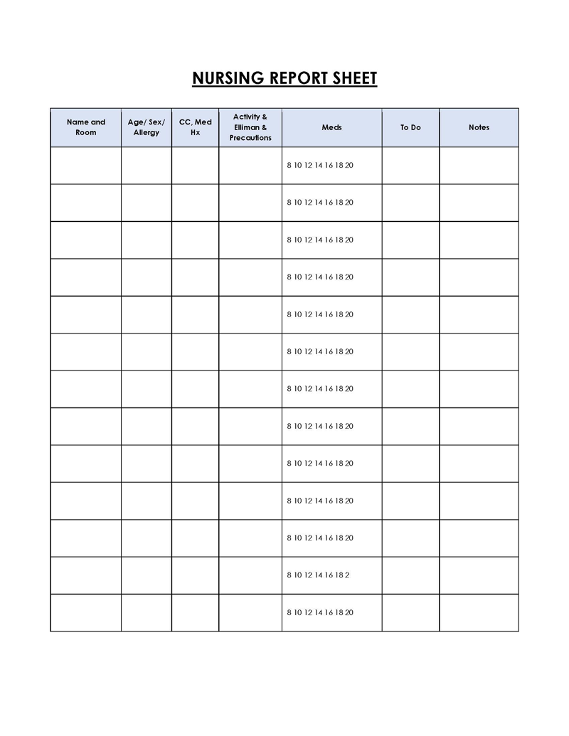 Professional Organized Nursing Report Sheet Template 13 for Word Document