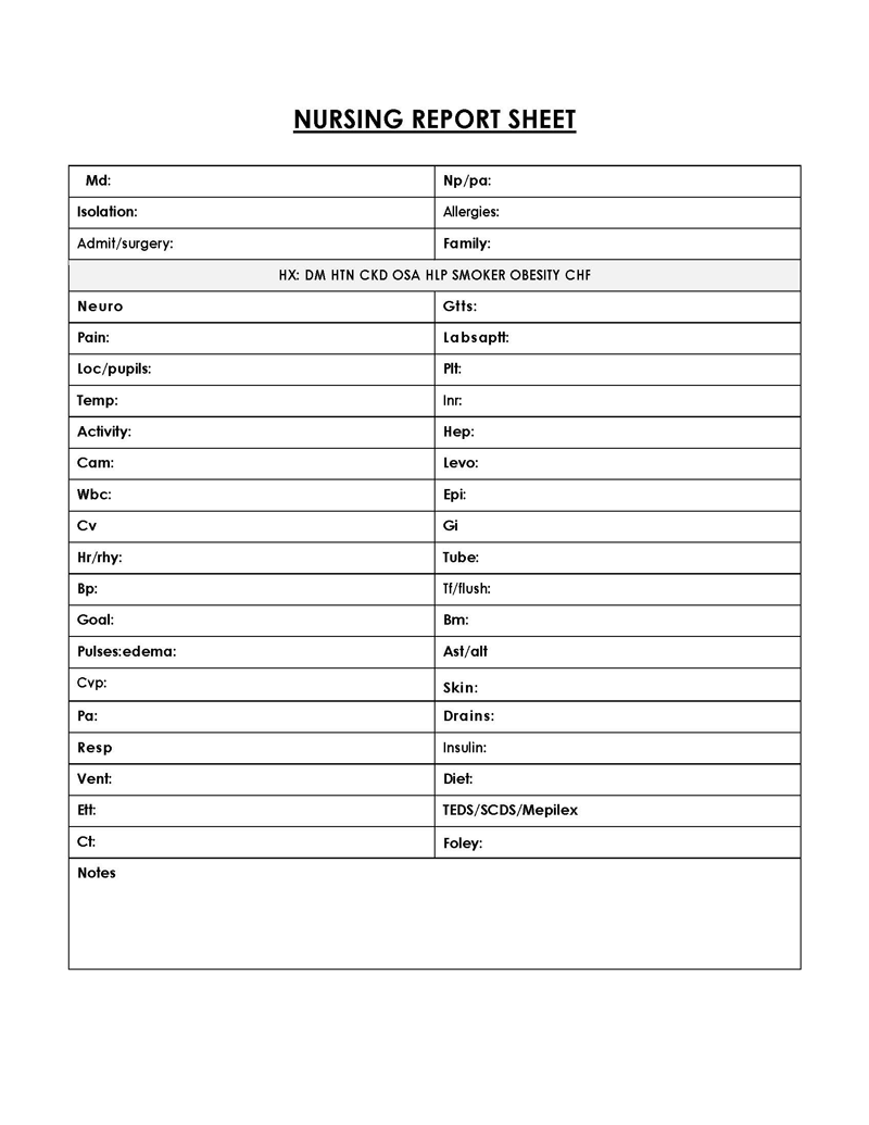 nursing report sheet template multiple patients