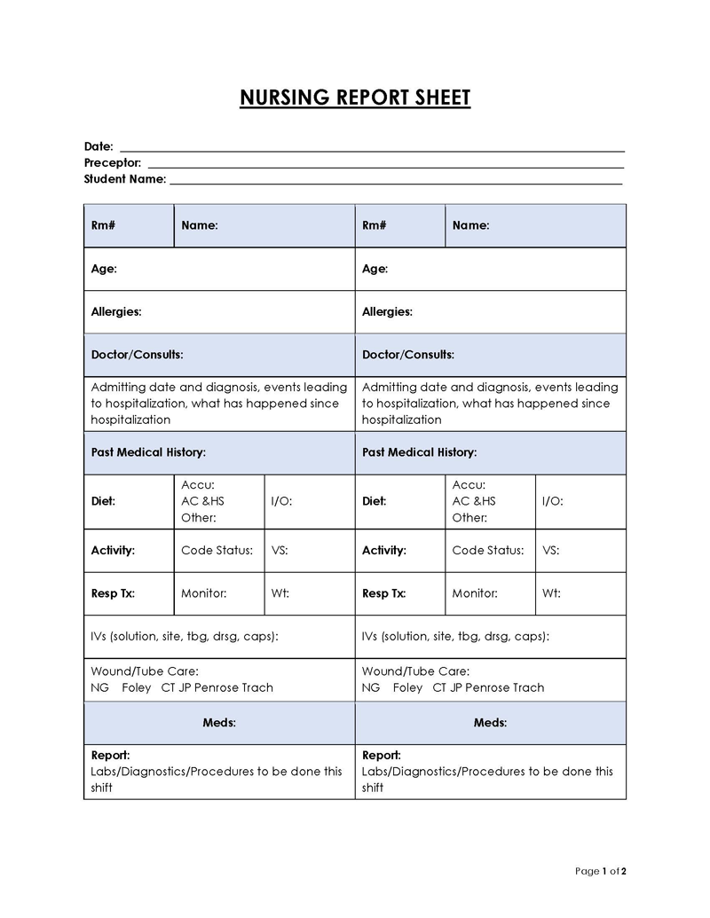 Free Customizable Nursing Report Sheet Template 04 for Word Document