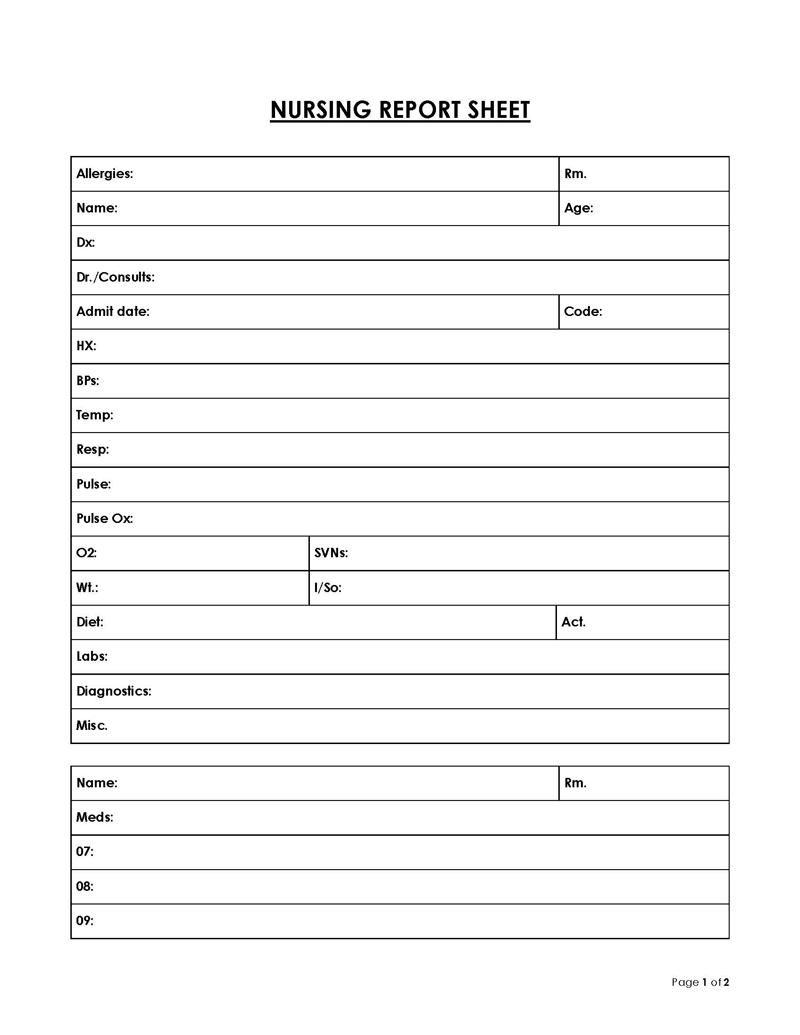 Free Customizable Nursing Report Sheet Template 06 for Word Document
