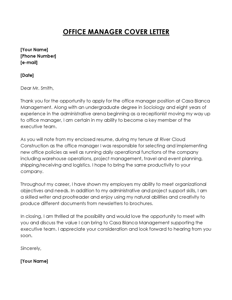 Printable Office Manager Cover Letter Example for Word