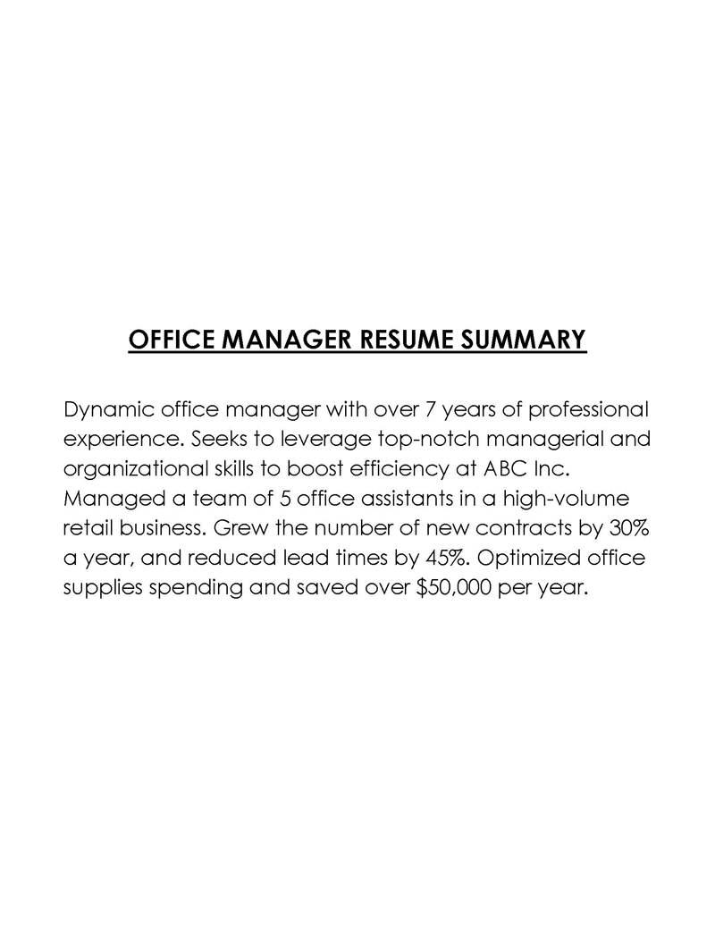 Office Manager Free resume summary template with word