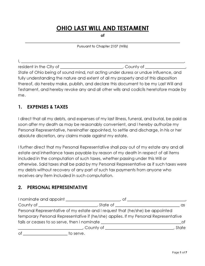 Free Downloadable Ohio Last Will and Testament Template for Word Document