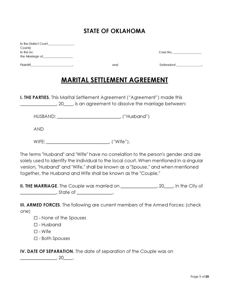 Oklahoma Divorce Settlement Agreement