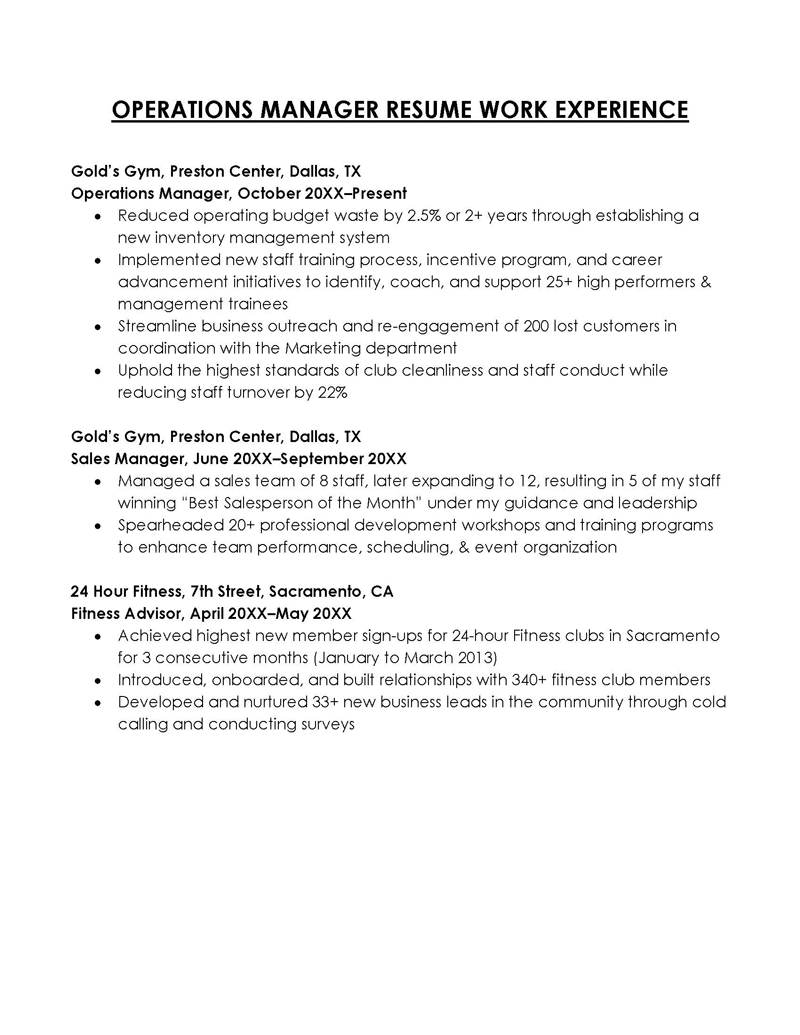 Operations Manager Work Experience in Resume