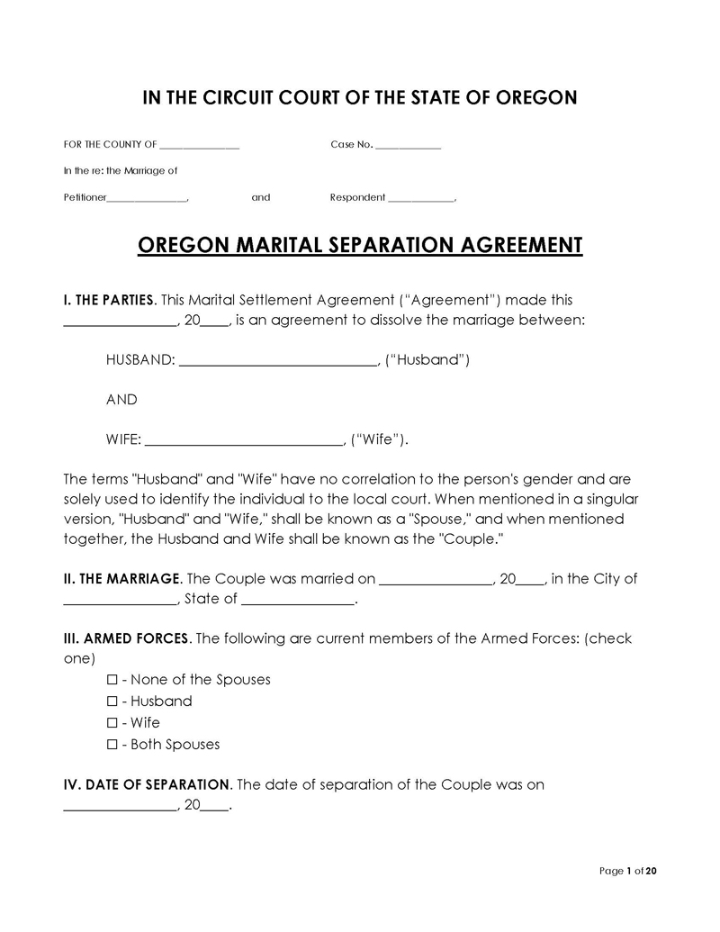 Oregon Divorce Settlement Agreement