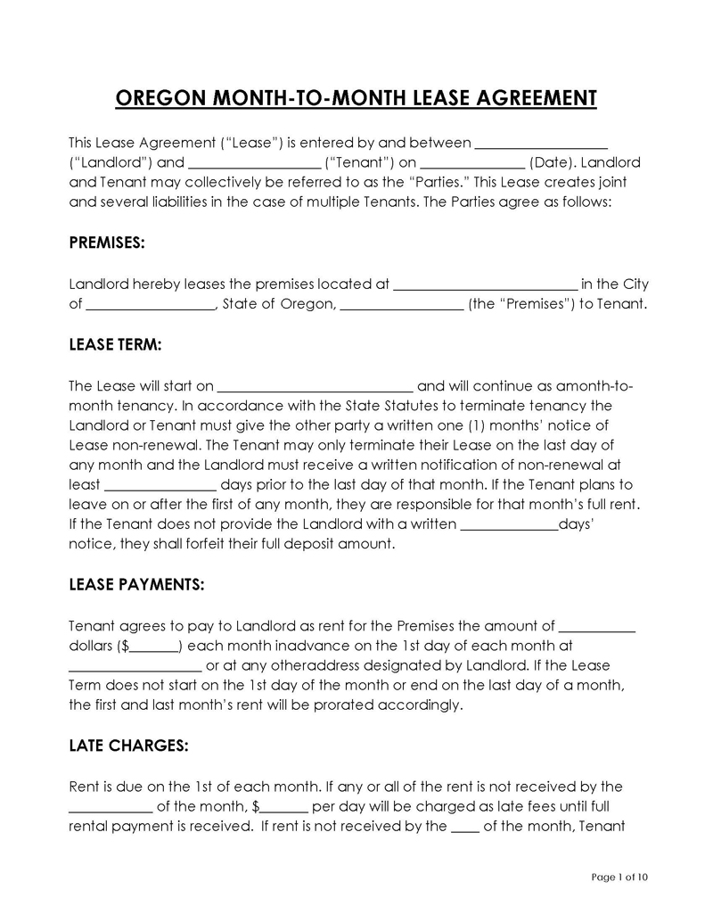 Oregon Month-to-Month Rental Agreement Example PDF