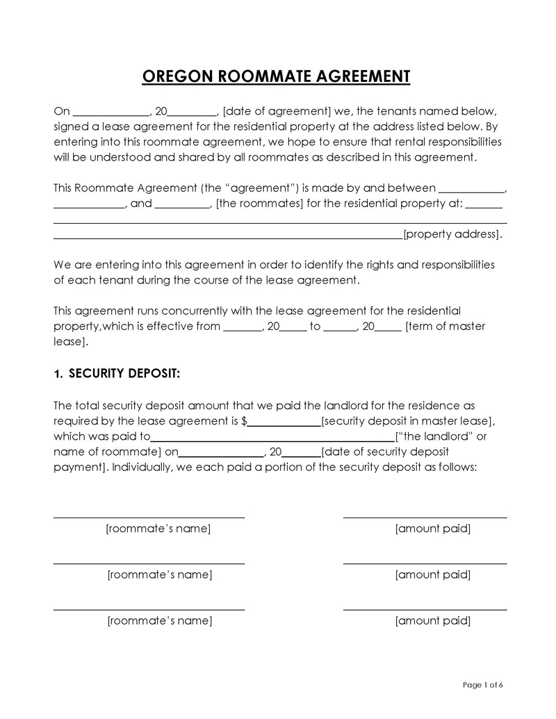 Printable Oregon Roommate Agreement Template PDF