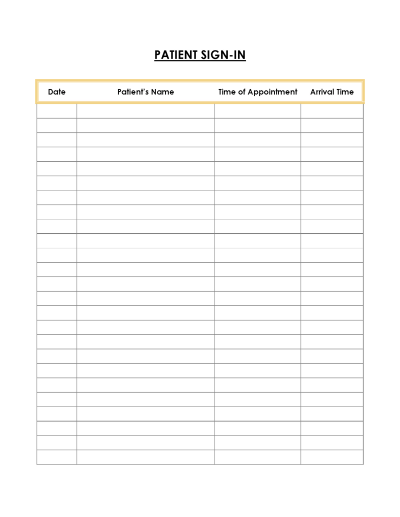 Patient sign in sheet