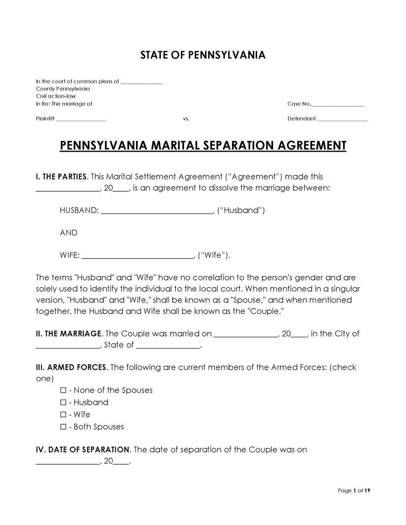 Pennsylvania Divorce Settlement Agreement