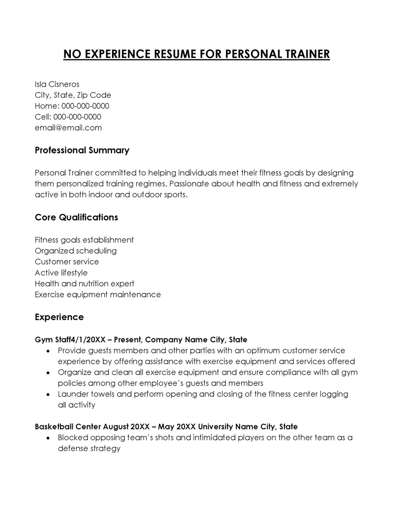 No Experience Resume for Personal Trainer