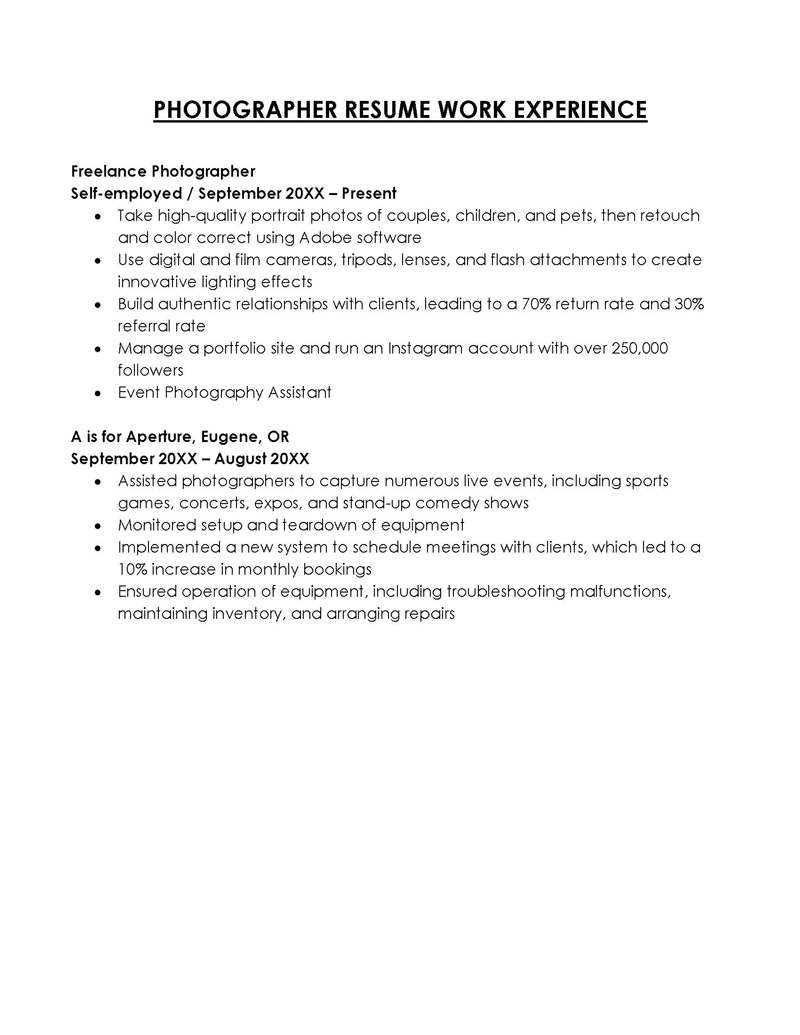 Photographer Work Experience in Resume