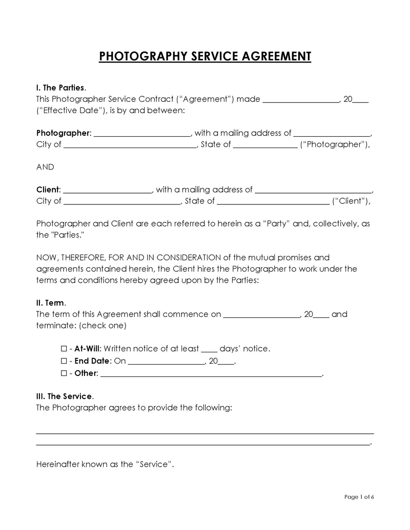 Photography Service Agreement