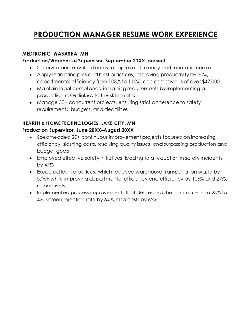 Production Manager Work Experience in Resume
