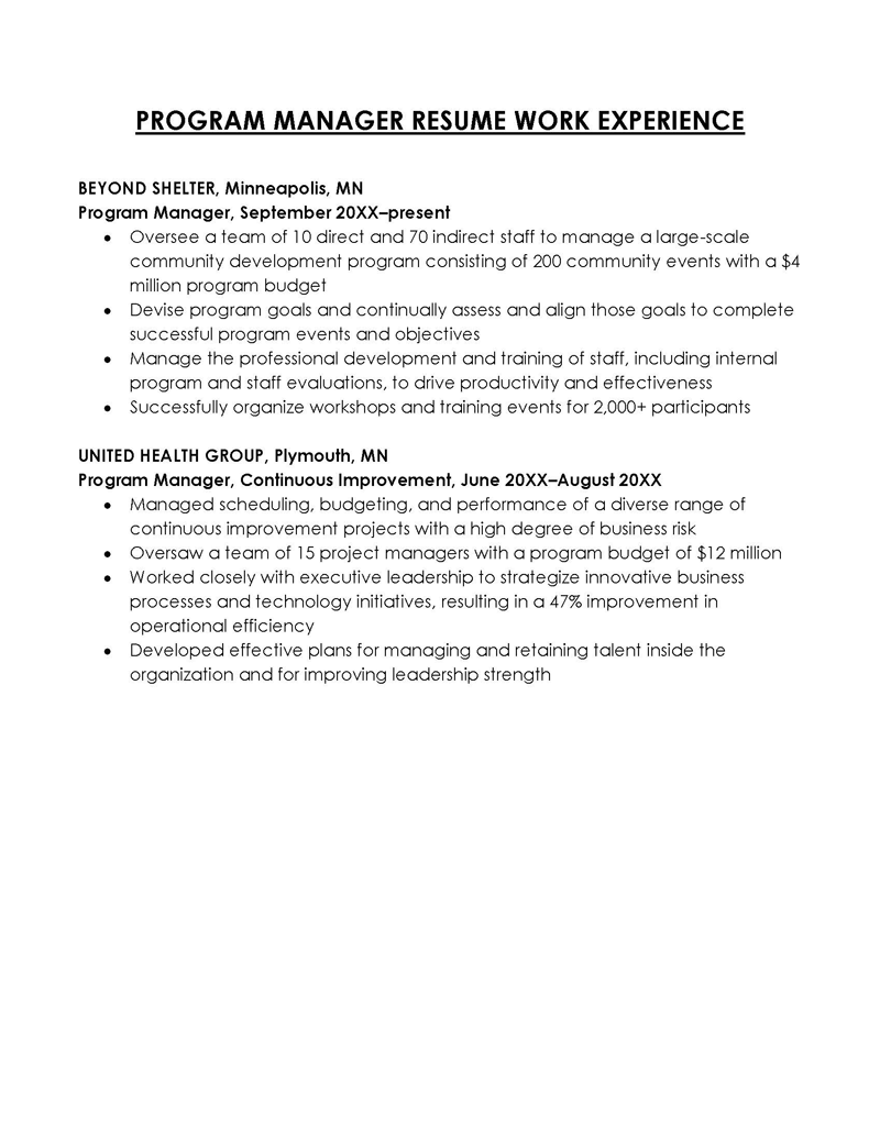 Program Manager Work Experience in Resume