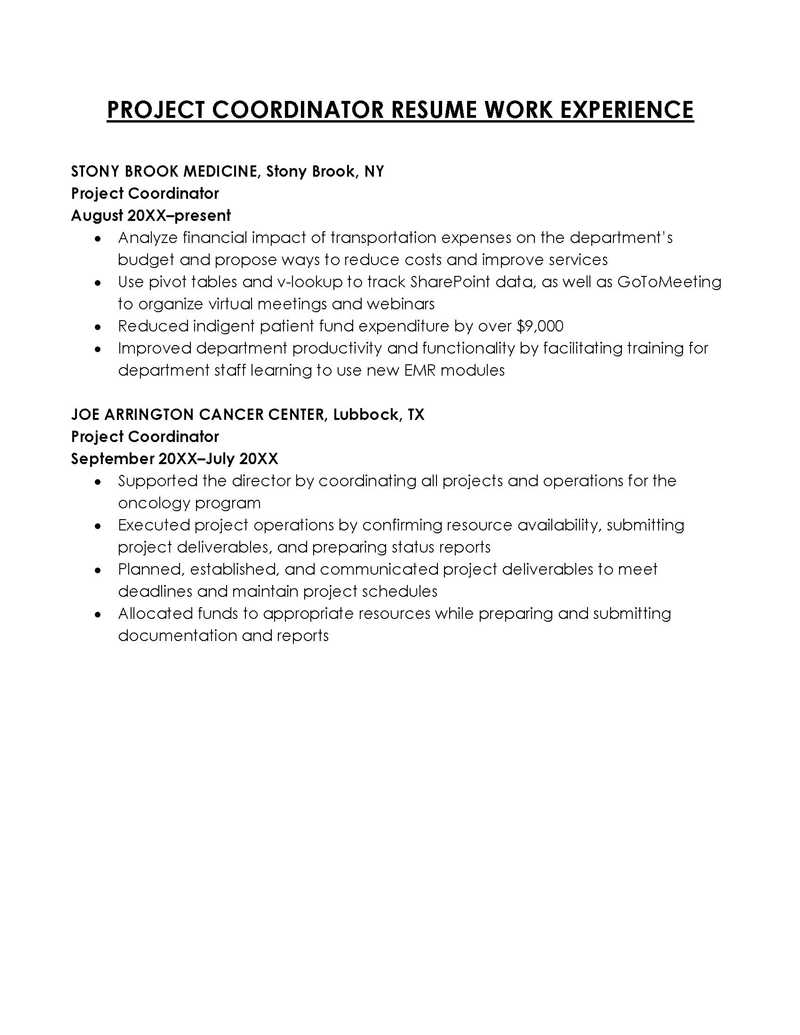 Project Coordinator Work Experience in Resume