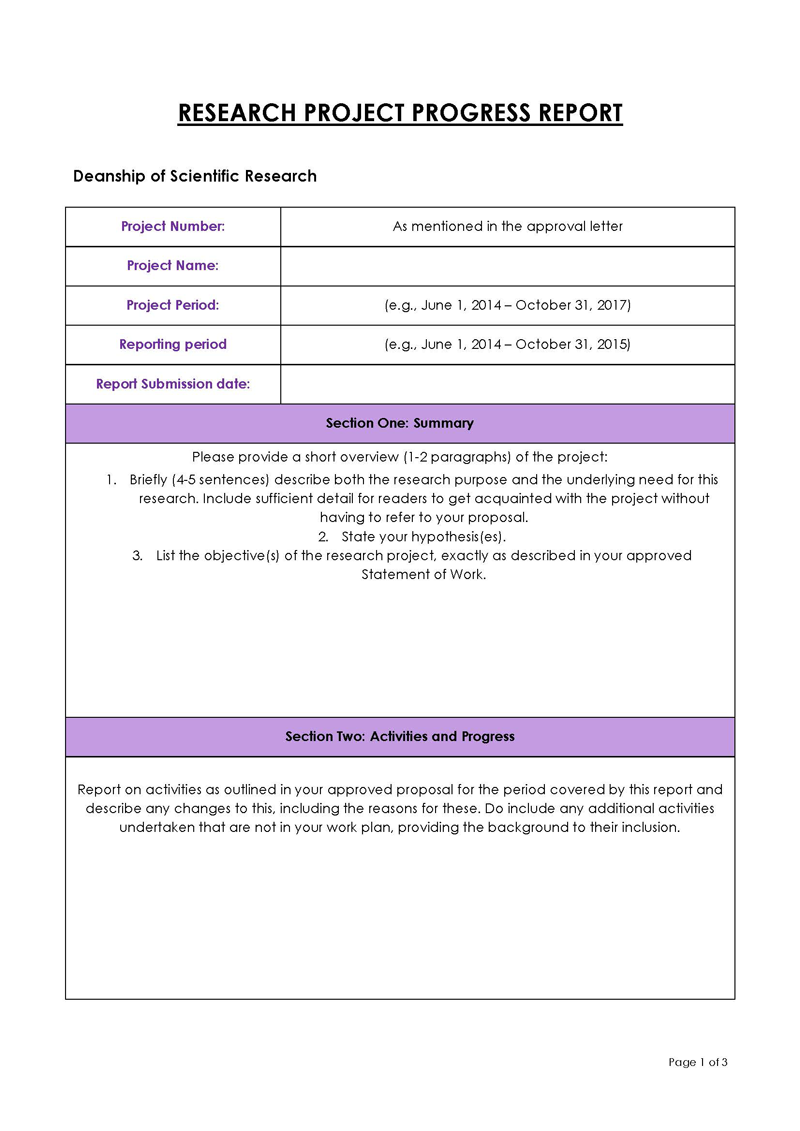 Editable Research Project Status Report Form