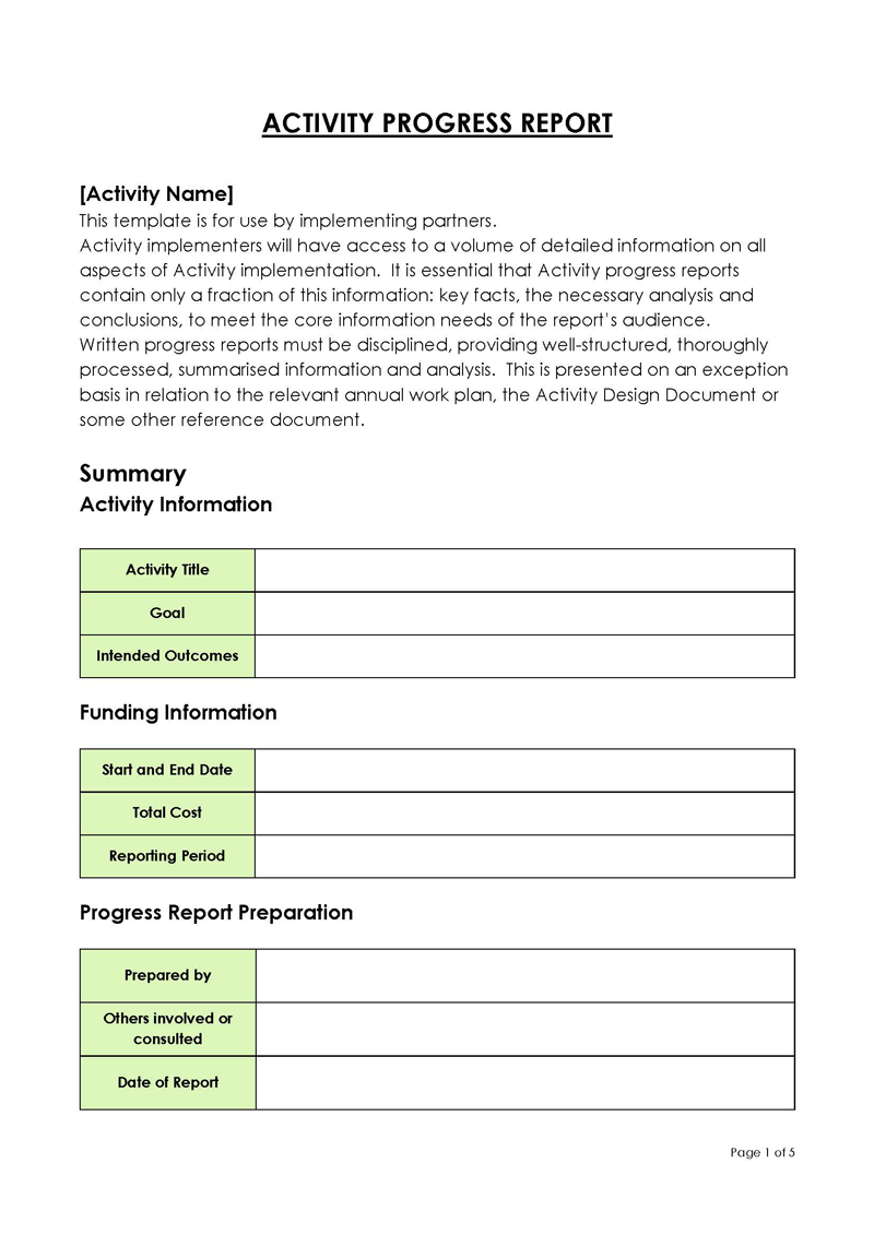 Professional Editable Activity Progress Report Template for Word Form