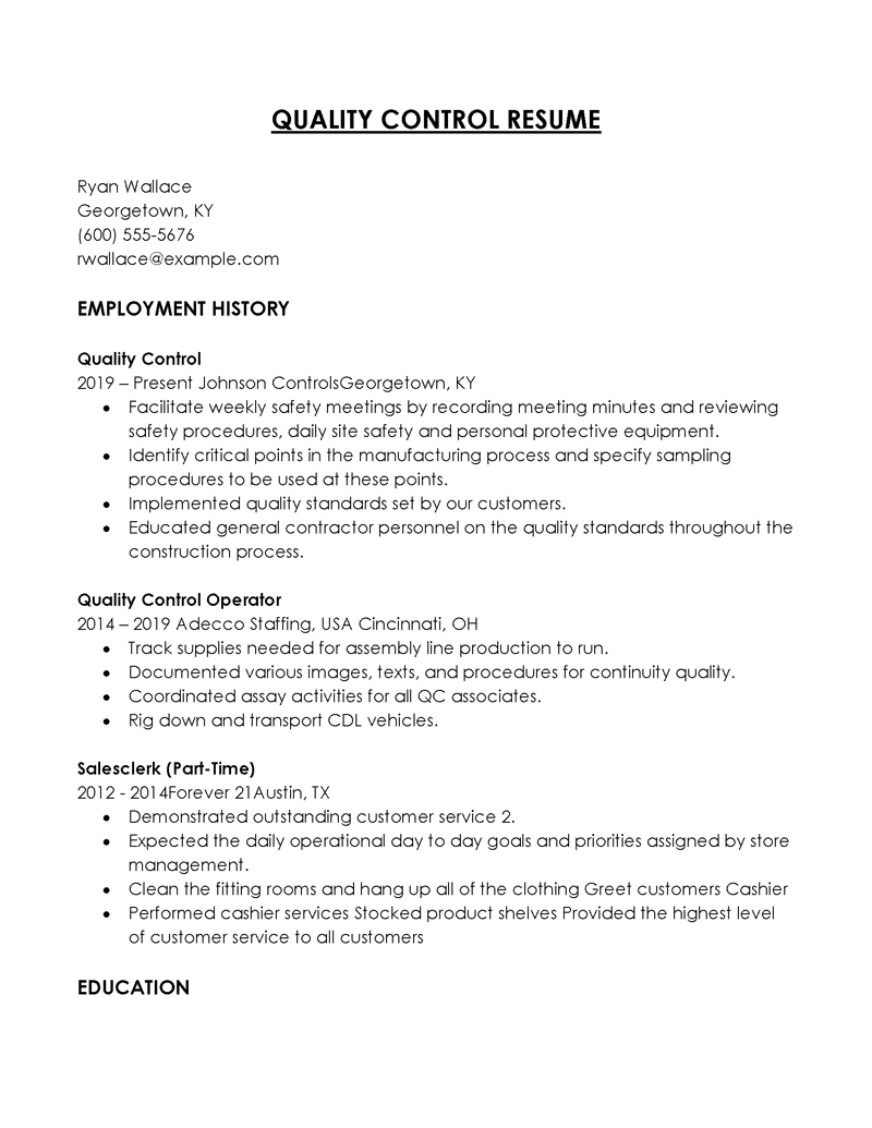 Quality control resume in Word format