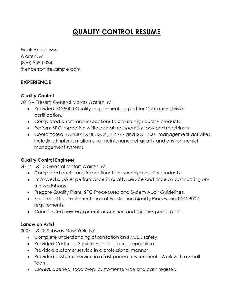 Quality control resume in Word format