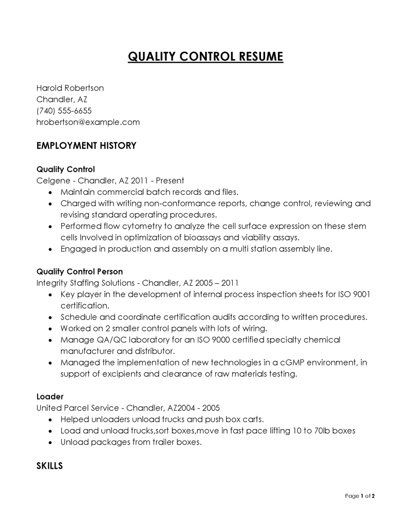  quality control resume download