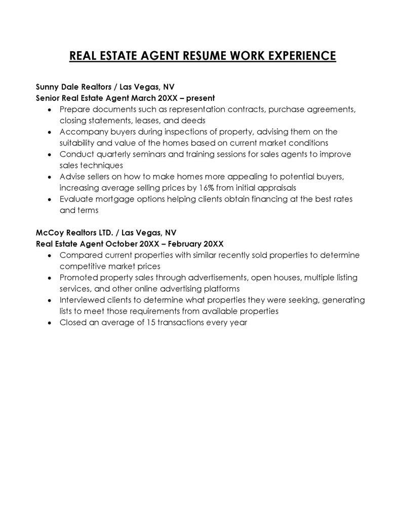 Real Estate Agent Work Experience in Resume
