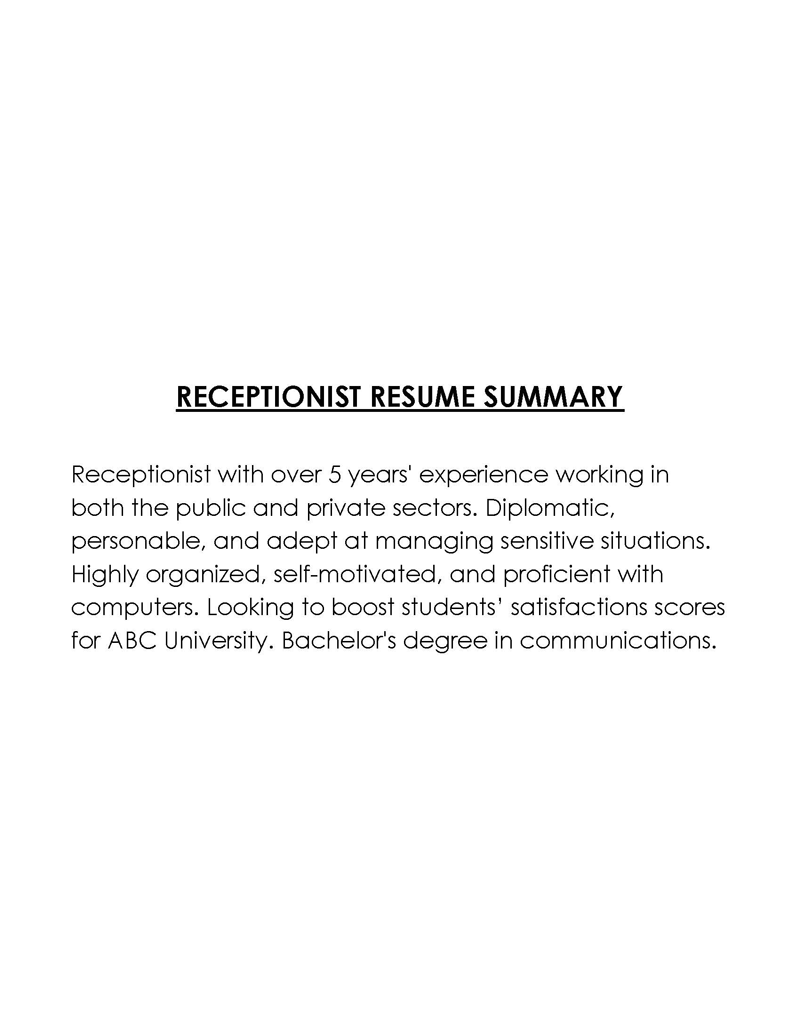 Receptionist Free resume summary template with word