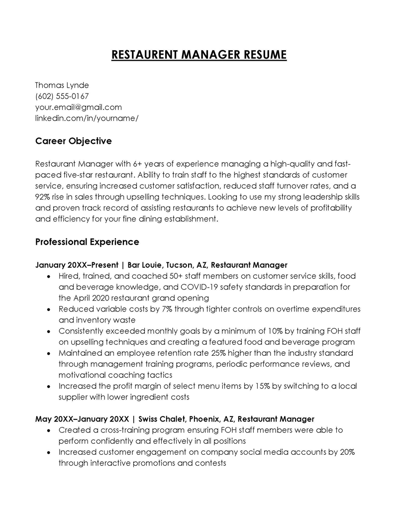 Professional Restaurant Manager Resume Template
