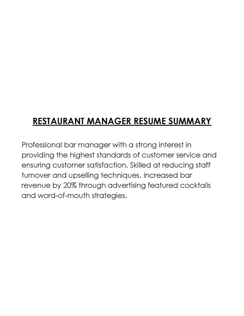 Free Downloadable Restaurant Manager Resume Summary Example with Word Document