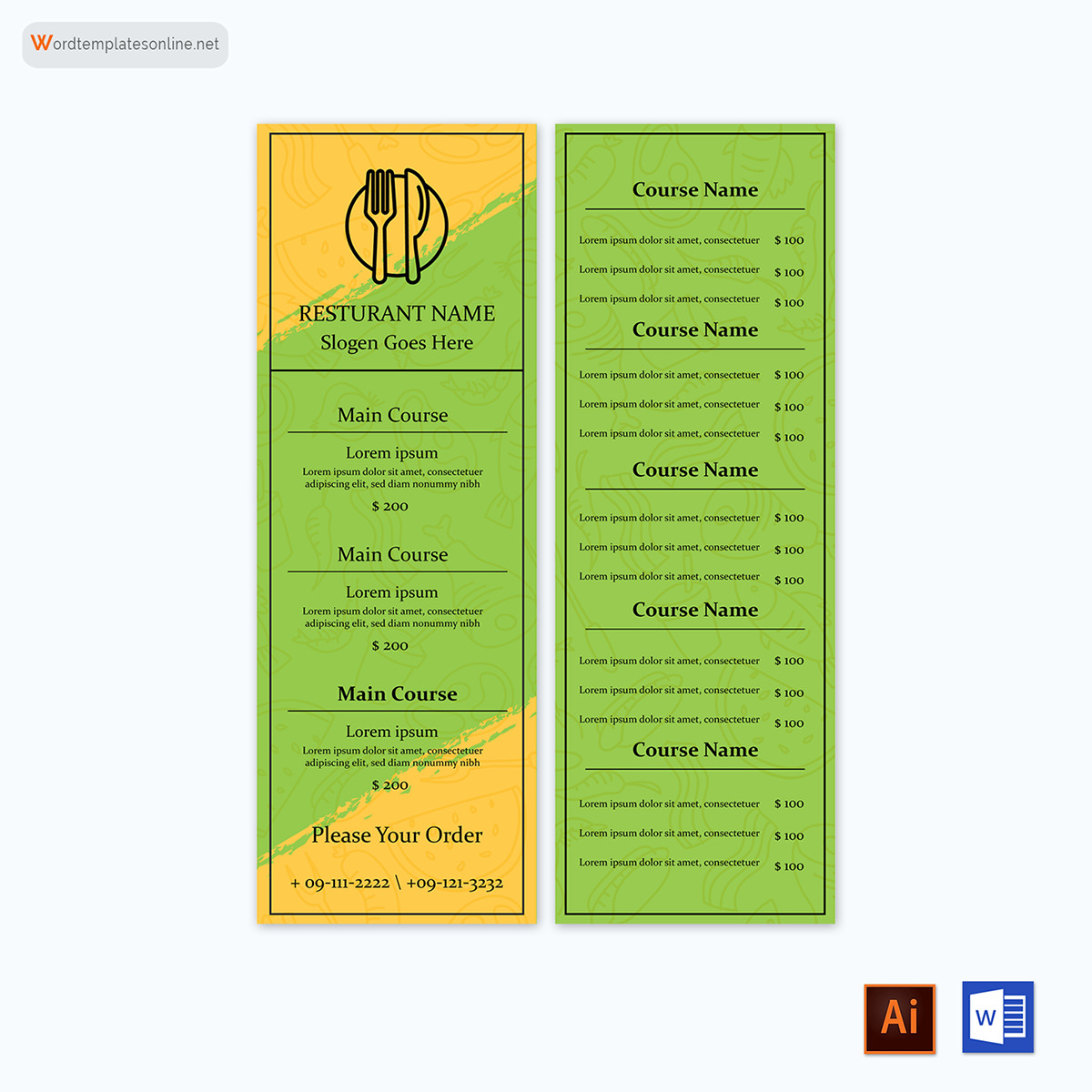 Great Downloadable Restaurant Main Course Menu Template 01 as Word File and AI Generated Image