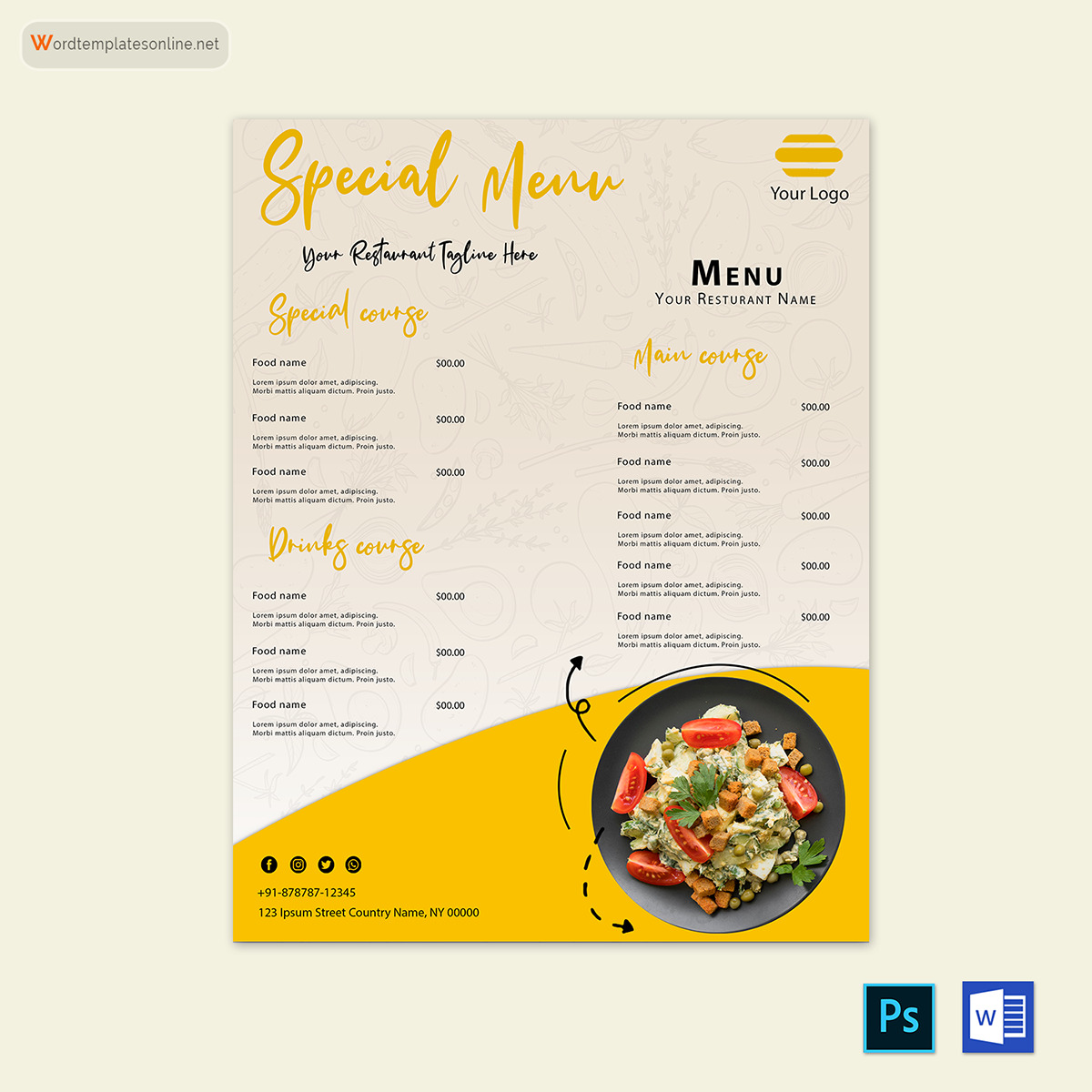 Great Downloadable Restaurant Special Menu Template as Word File and AI Generated Image