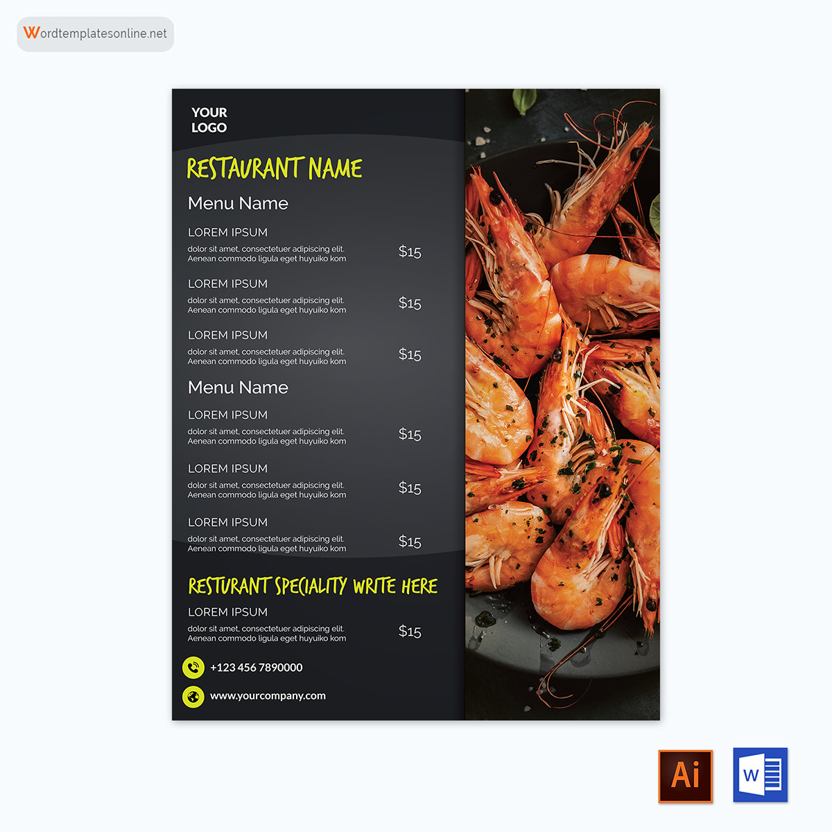 Great Downloadable Restaurant Specialty Menu Template as Word File and AI Generated Image