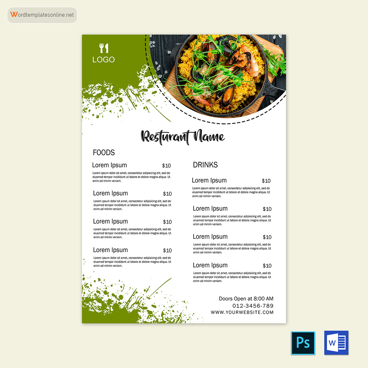 Great Downloadable Restaurant Food and Drinks Menu Template as Word File and AI Generated Image