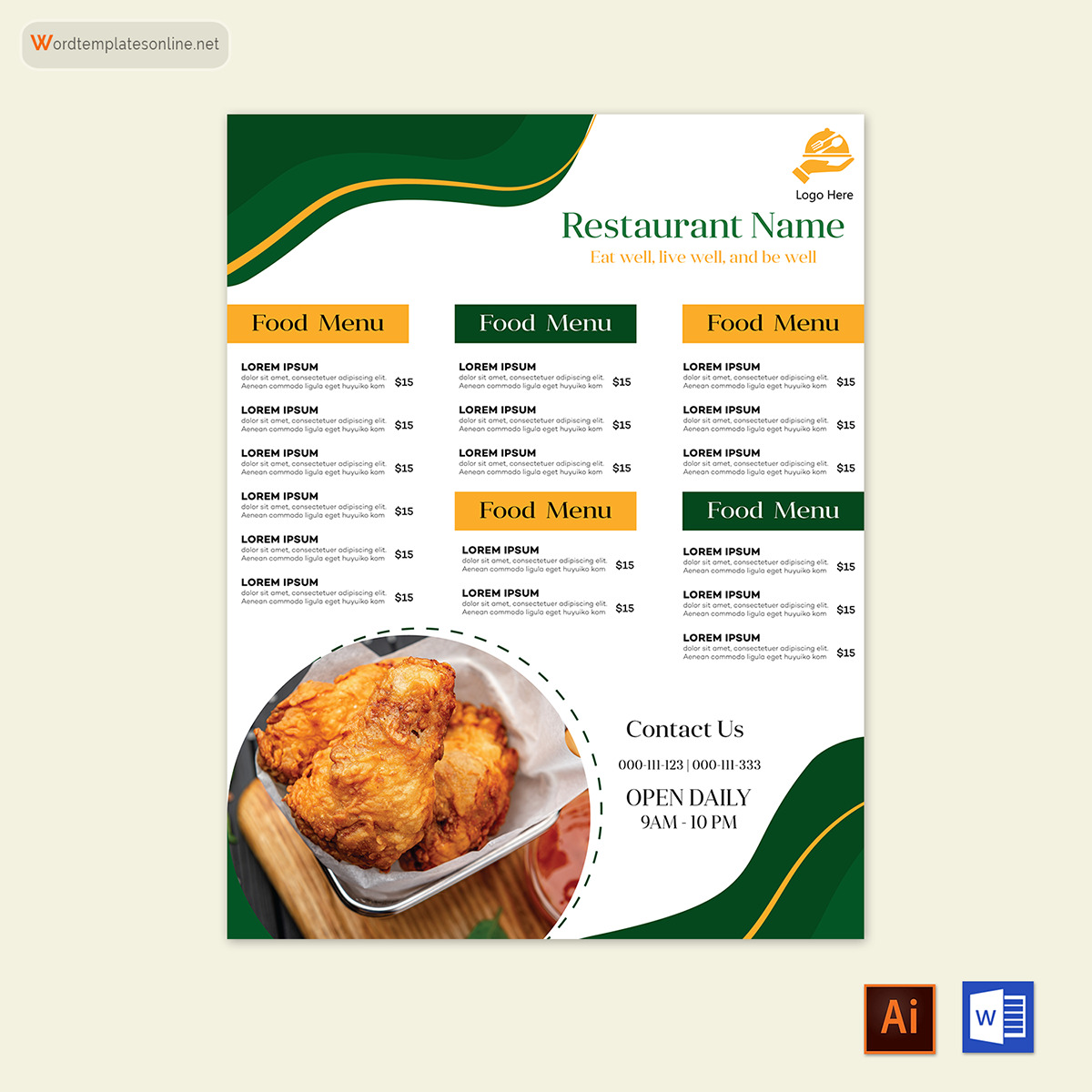 Great Downloadable Restaurant Food Menu Template 01 as Word File and AI Generated Image
