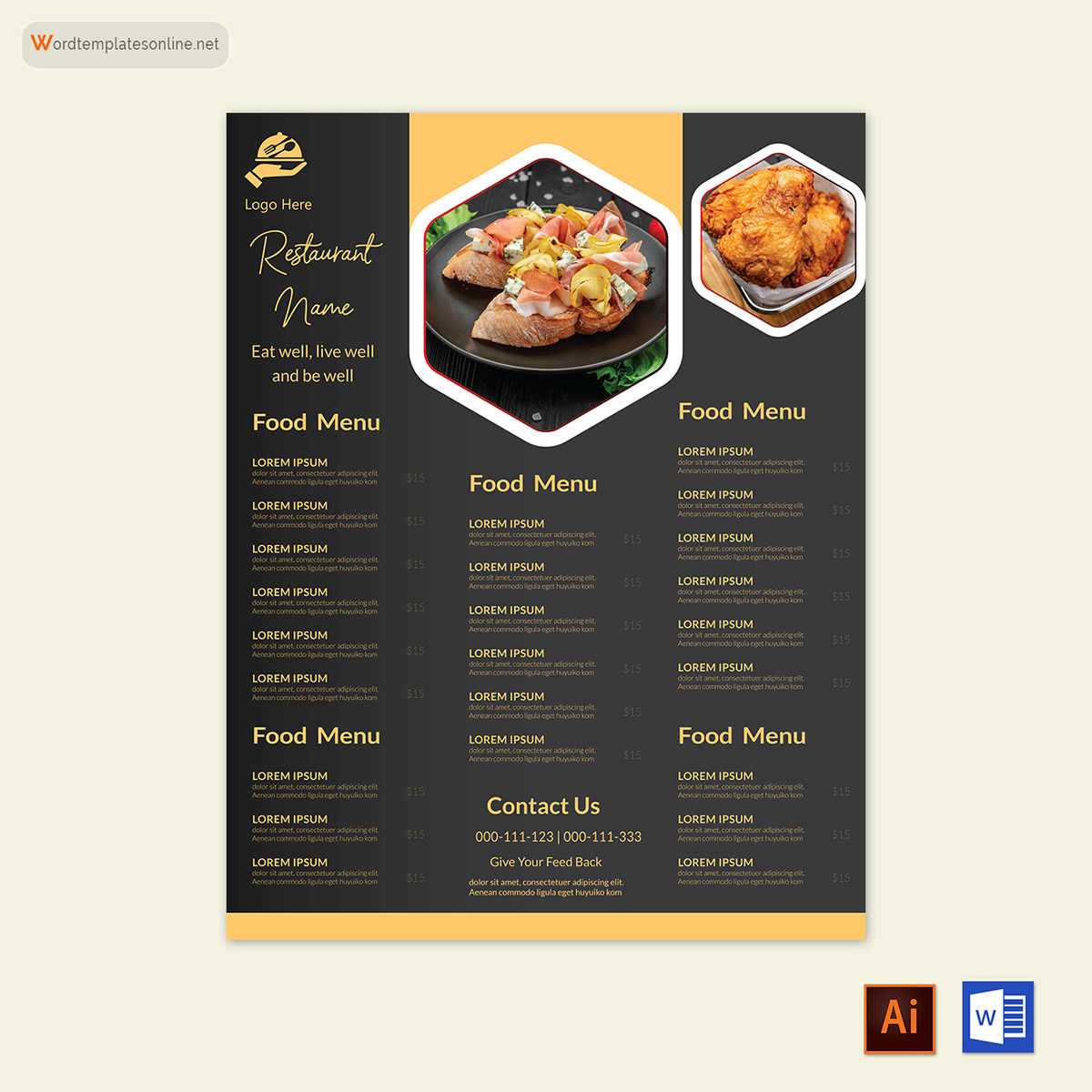 Great Downloadable Restaurant Food Menu Template 02 as Word File and AI Generated Image