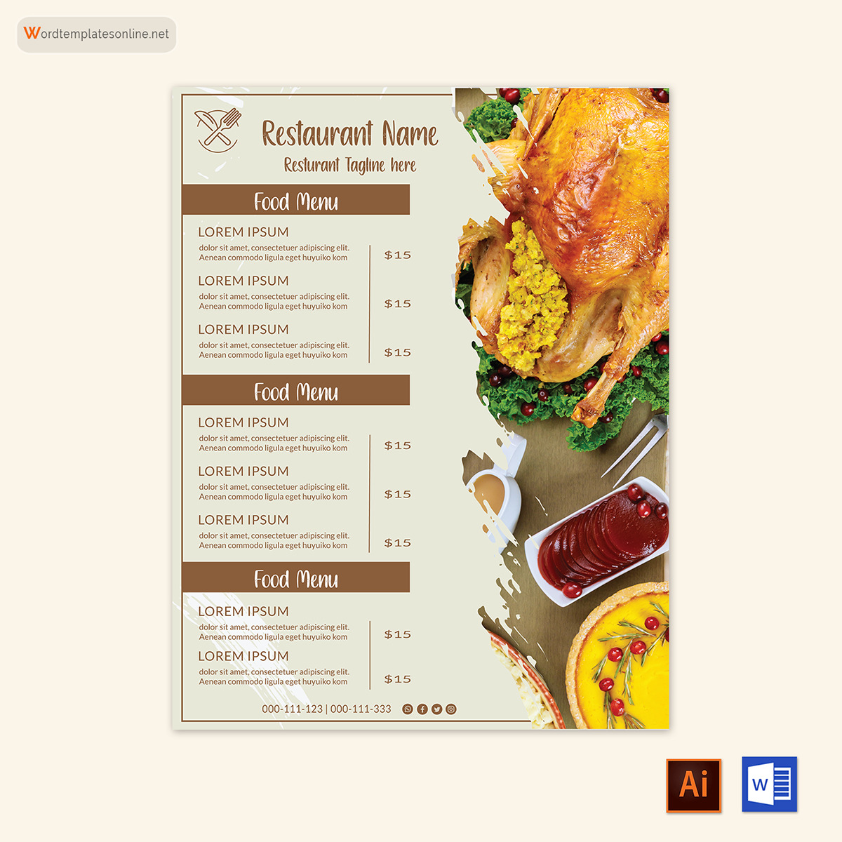 Great Downloadable Restaurant Food Menu Template 03 as Word File and AI Generated Image