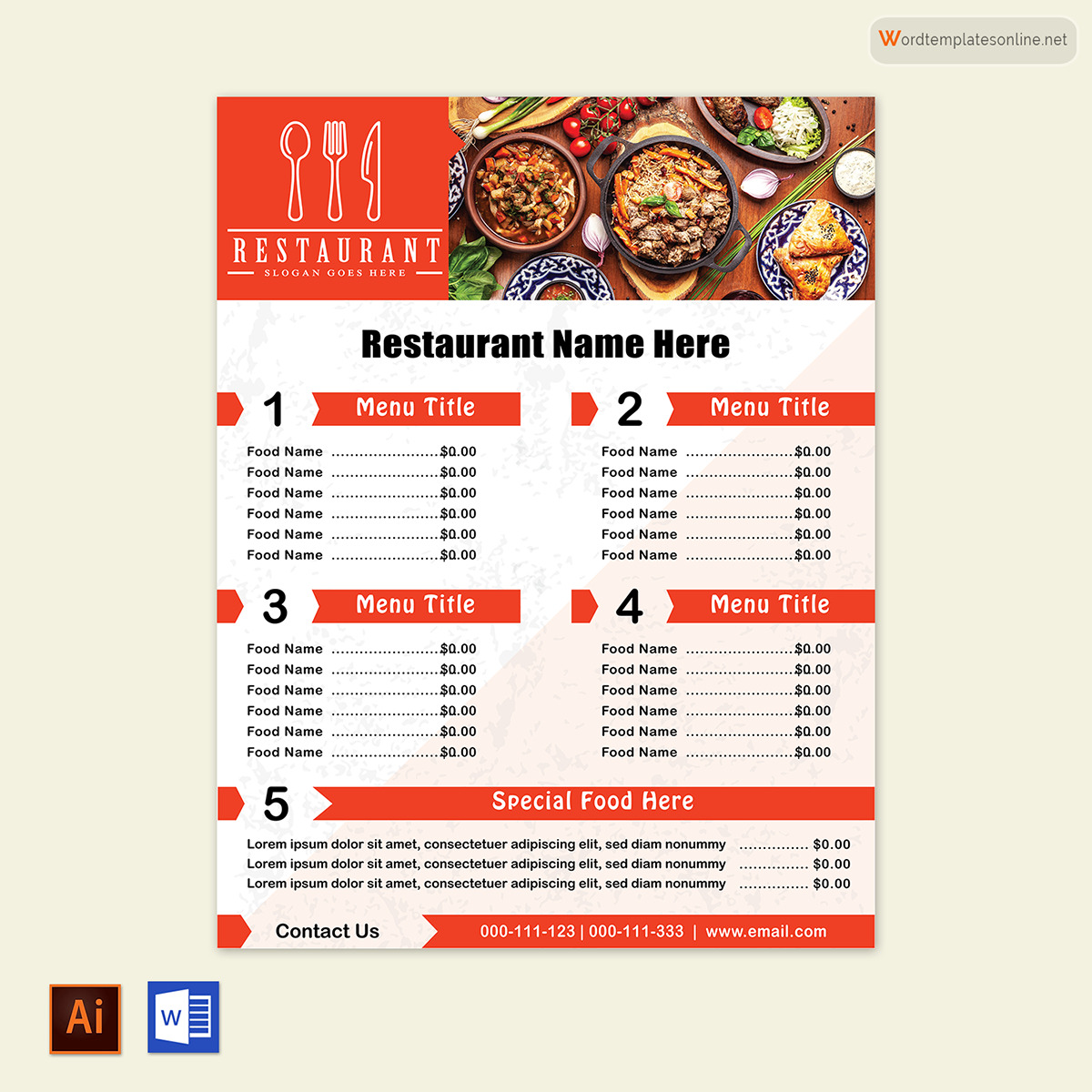 Great Downloadable Restaurant Food Menu Template 04 as Word File and AI Generated Image