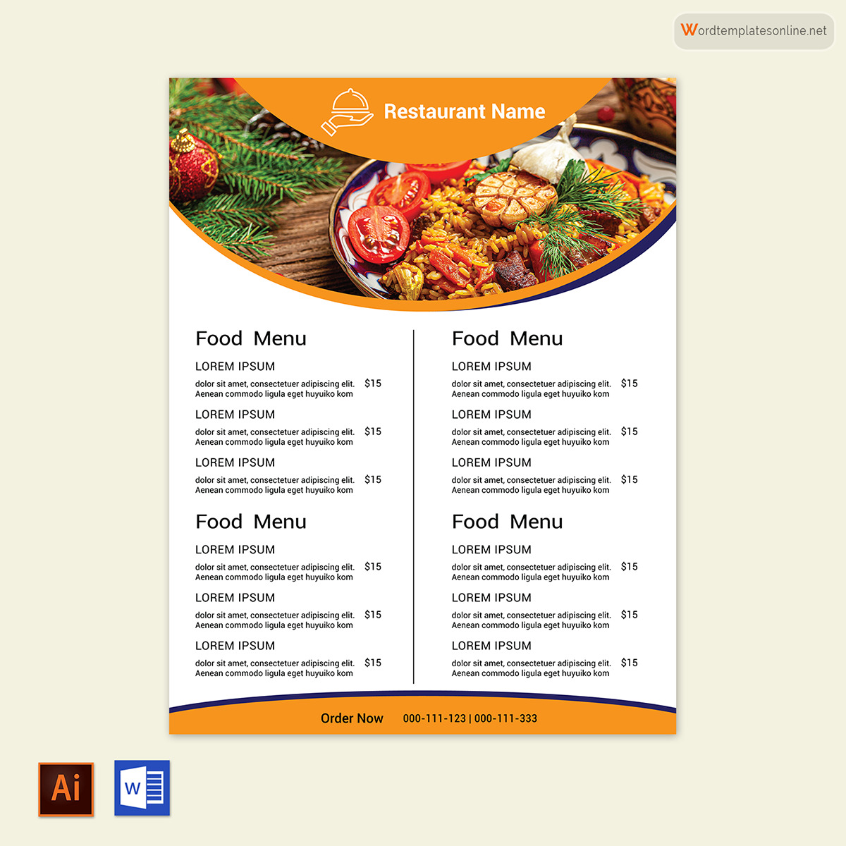 Great Downloadable Restaurant Food Menu Template 05 as Word File and AI Generated Image