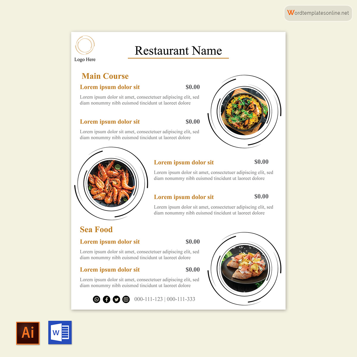 Great Downloadable Restaurant Main Course Menu Template 02 as Word File and AI Generated Image