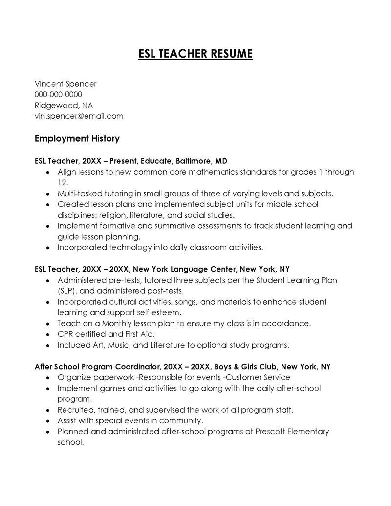 sample resume esl teacher no experience