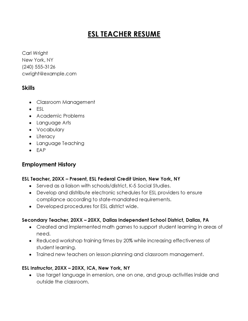sample resume for applying esl teacher