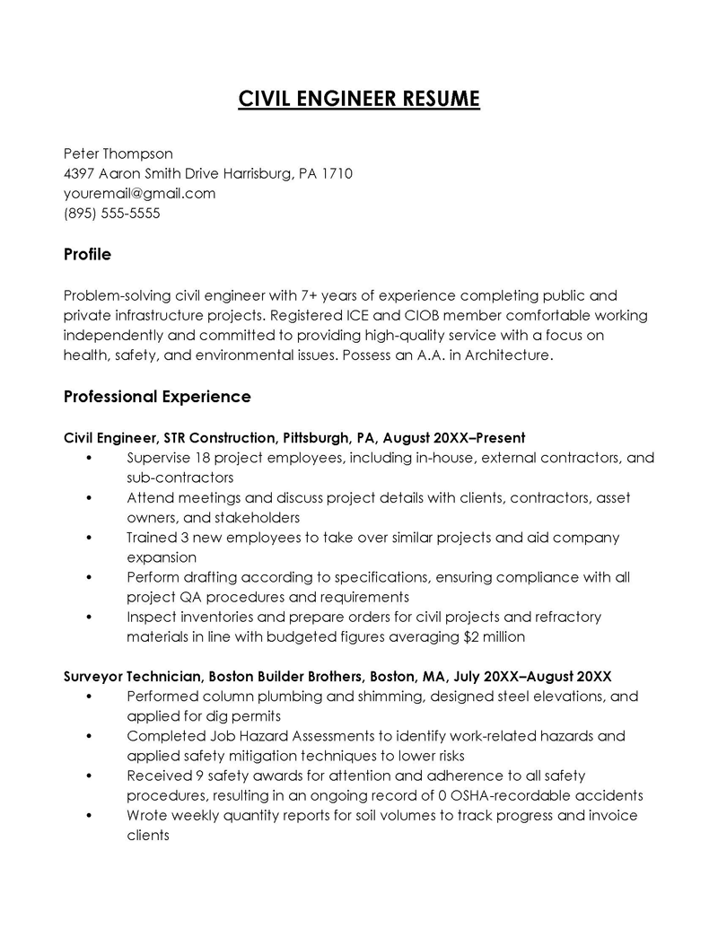 Free Professional Civil Engineer Resume Example for Word File