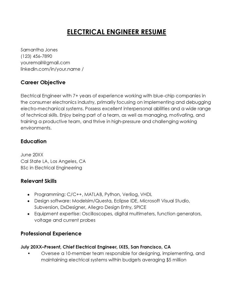 Free Professional Electrical Engineer Resume Example for Word File
