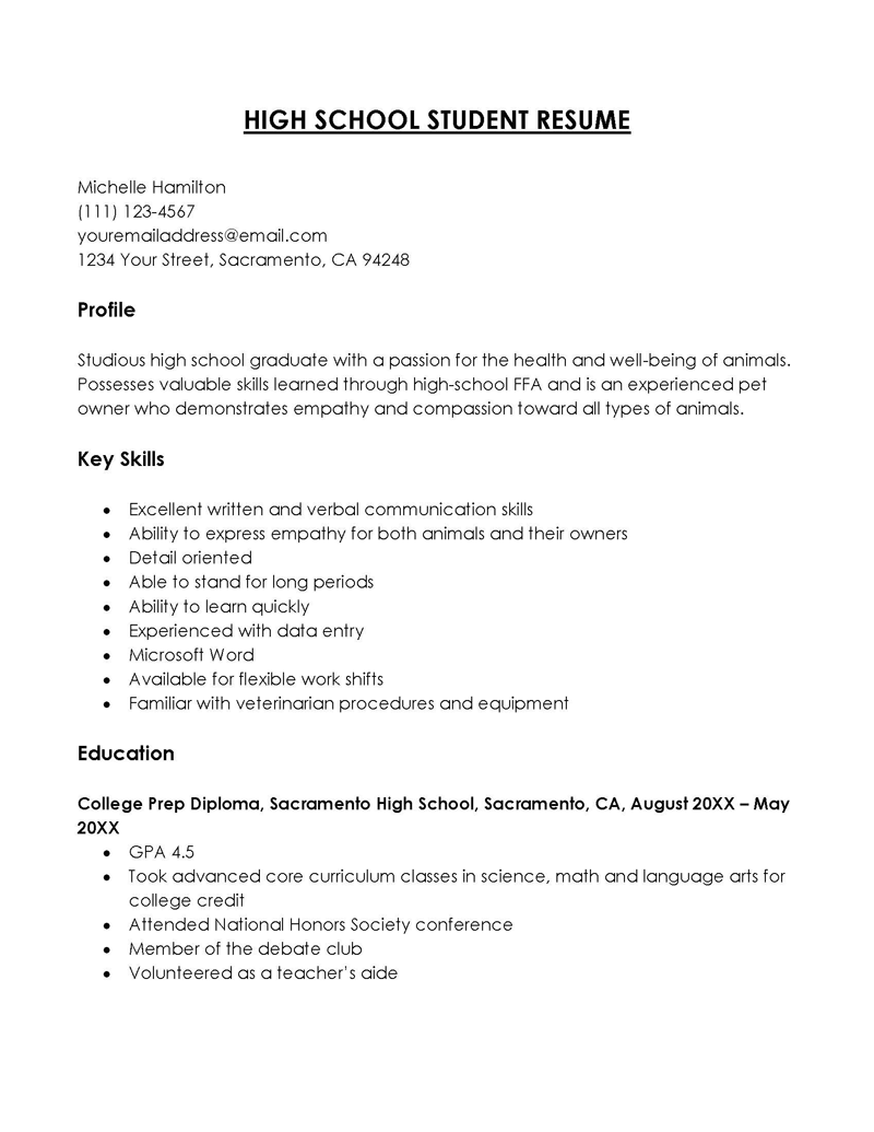 Great Professional Volunteer Highschool Student Resume Sample for Word Document